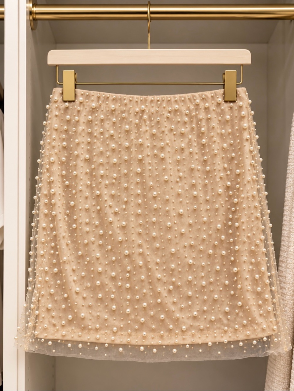 Haute Monde Pearl-Studded Cream Mini Skirt
